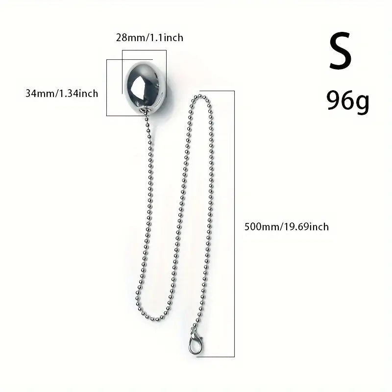 Metallic Stainless Steel Chain-Attached Elliptical Butt Plug For Outdoor Wear