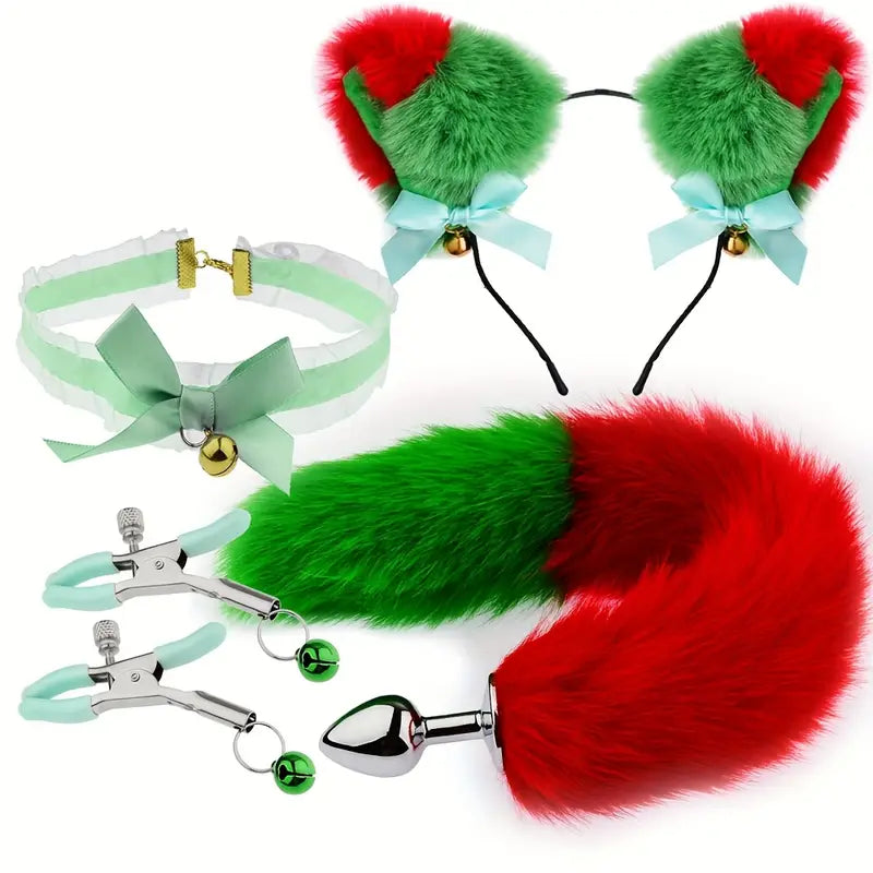 Christmas Style SM Roleplay Set Red Green Furry Ears Tai Anal Plug
