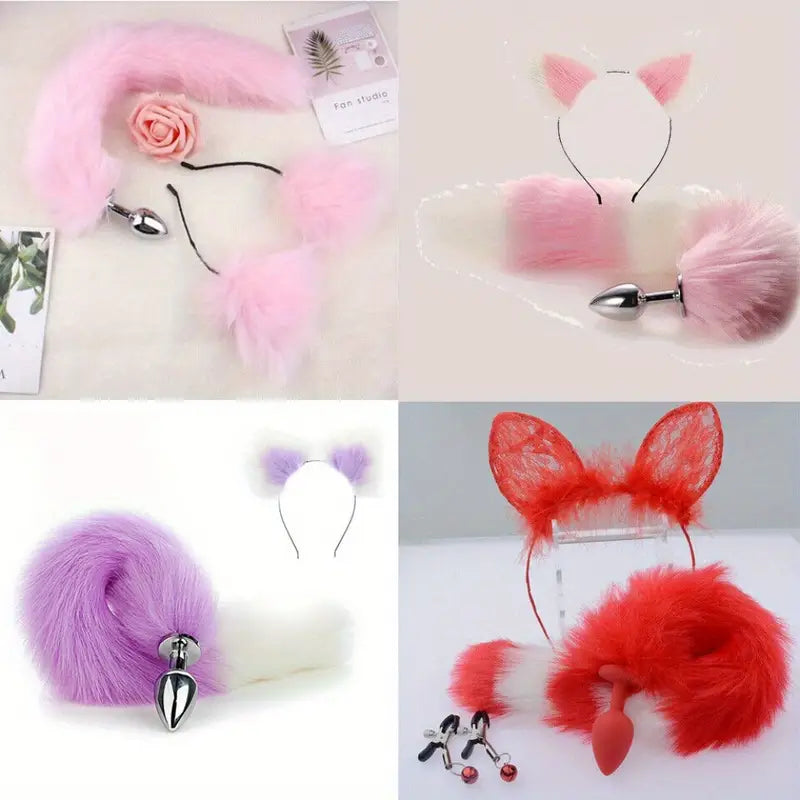 Fur Anal Fox Tail Metal Heads Butt Plug Adult Game Insert Stopper Set