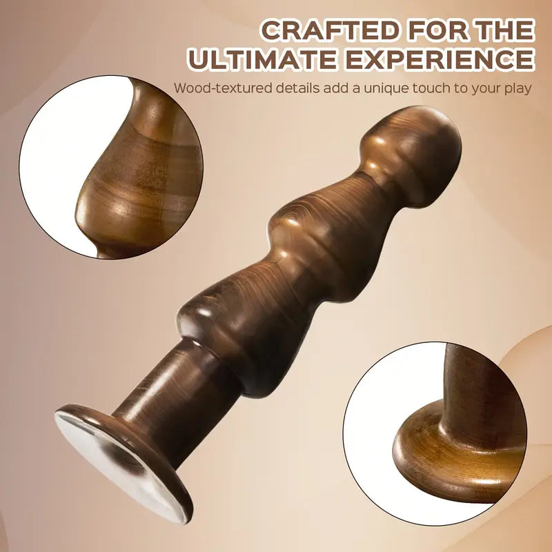Large Wood-Textured Anal Dilator With Suction Cup Base Bead Design