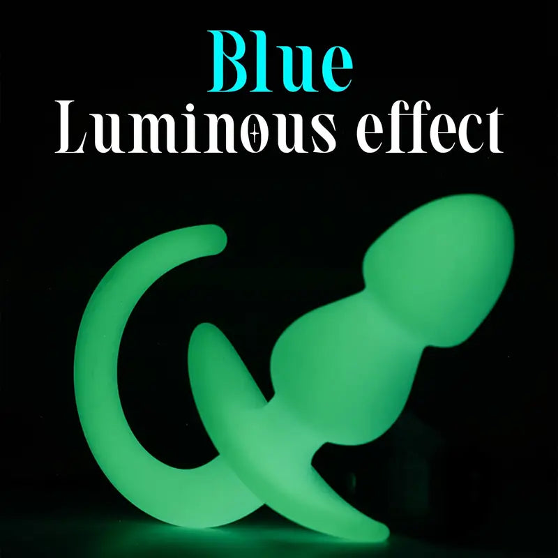 Soft Flexible Silicone Tail Anal Plug With Beads Blue Luminous Effect