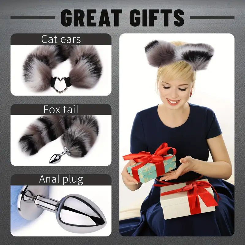 4pcs Butt Plug Anal Plug Set Fox Tail Anal Plug Cat Ears Headband Collar