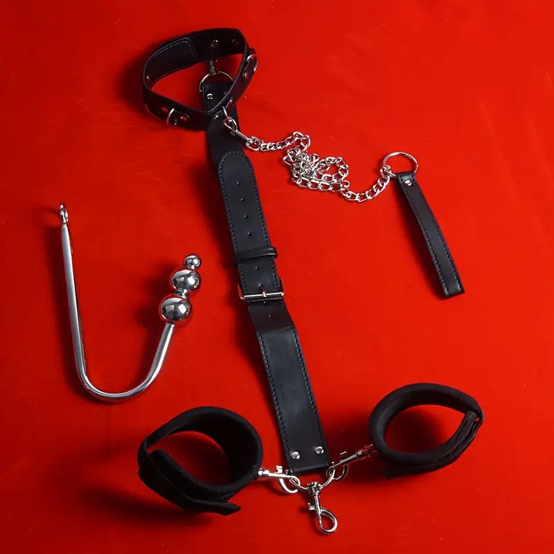 Leather Bondage Kit With Adjustable Collar Removable Handcuffs Anal Hook