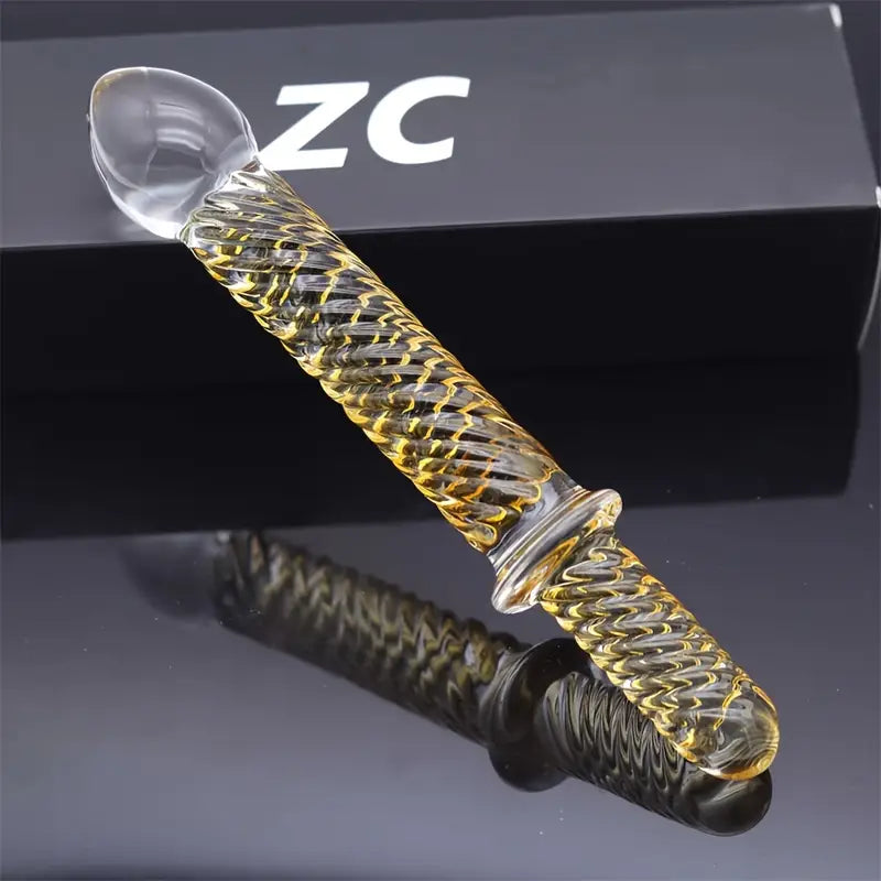 Golden Pattern Glass Dildo Handheld Anal Plug Sex Toy For Men