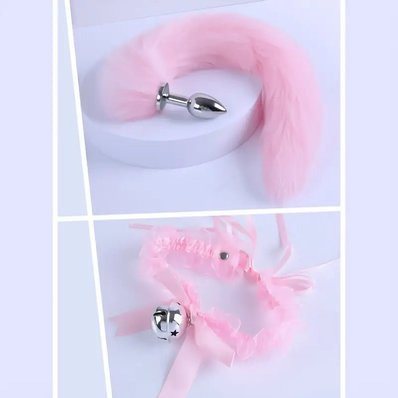 Set Dtachable Fox Tail Anal Plugs Cute Cat Women Dress-up Bell Necklace