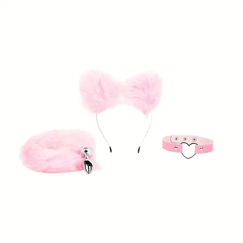 Cute Fox Tail Plug Tail With Small Butt Plug Cat Ears Collar Metal Anal Toy
