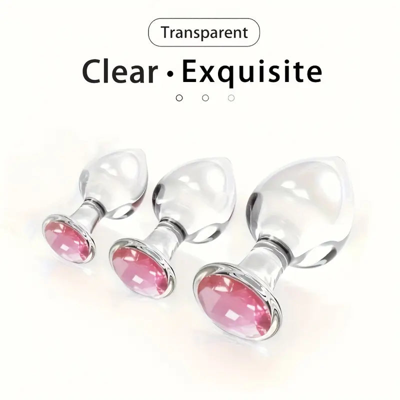 3 Sizes Transparent Glass Pink Head Anal Plug Set Solid Color Hand Wash