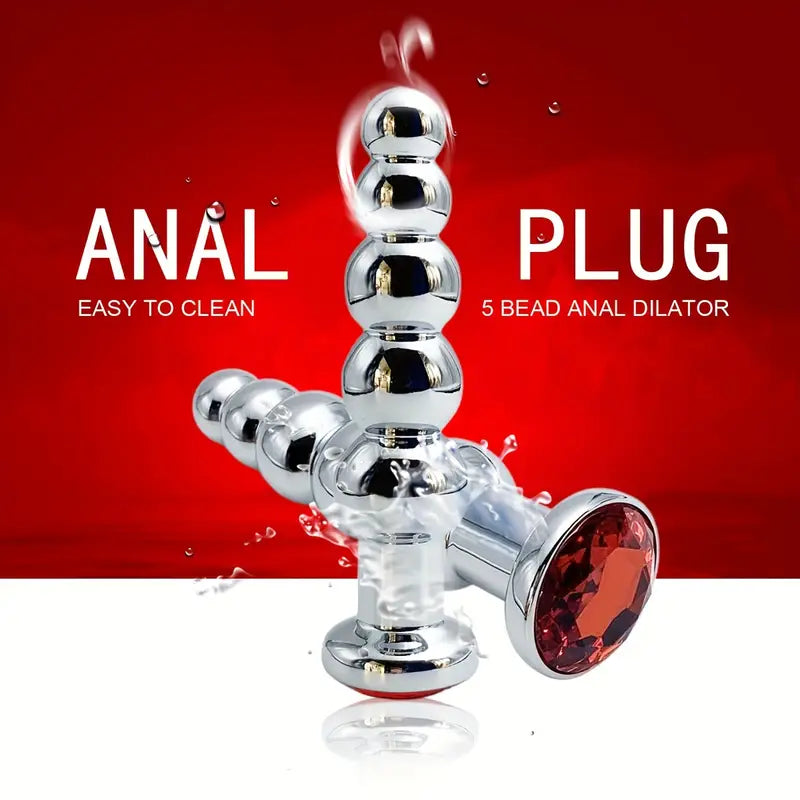 Metal Anal Plug 5 Beads Anal Dilator Jewel Base Butt Plug Anal Toy