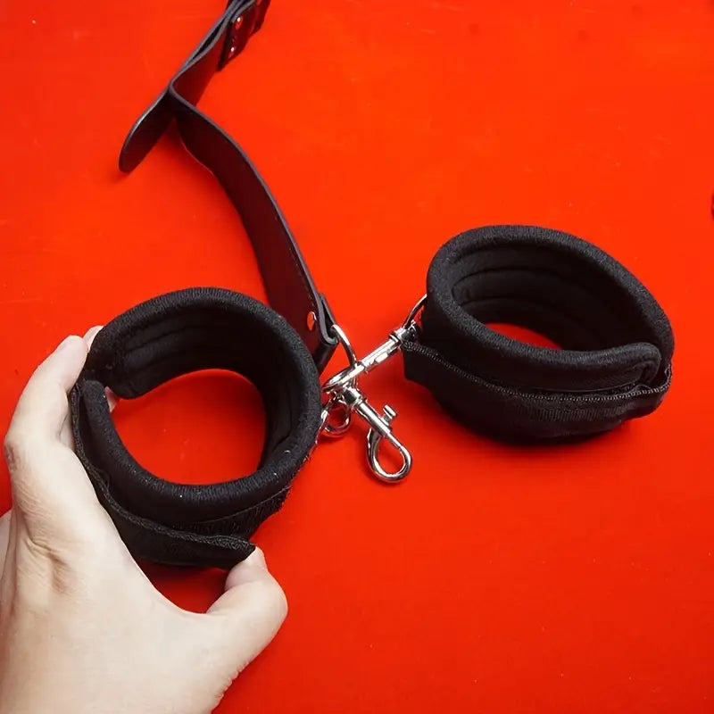 Leather Bondage Kit With Adjustable Collar Removable Handcuffs Anal Hook