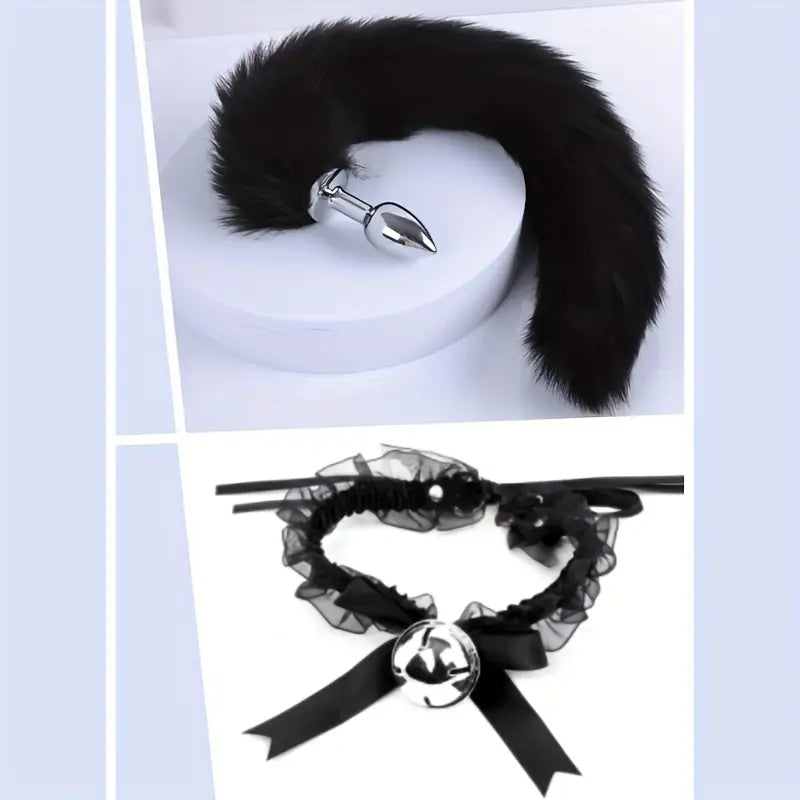 Set Dtachable Fox Tail Anal Plugs Cute Cat Women Dress-up Bell Necklace