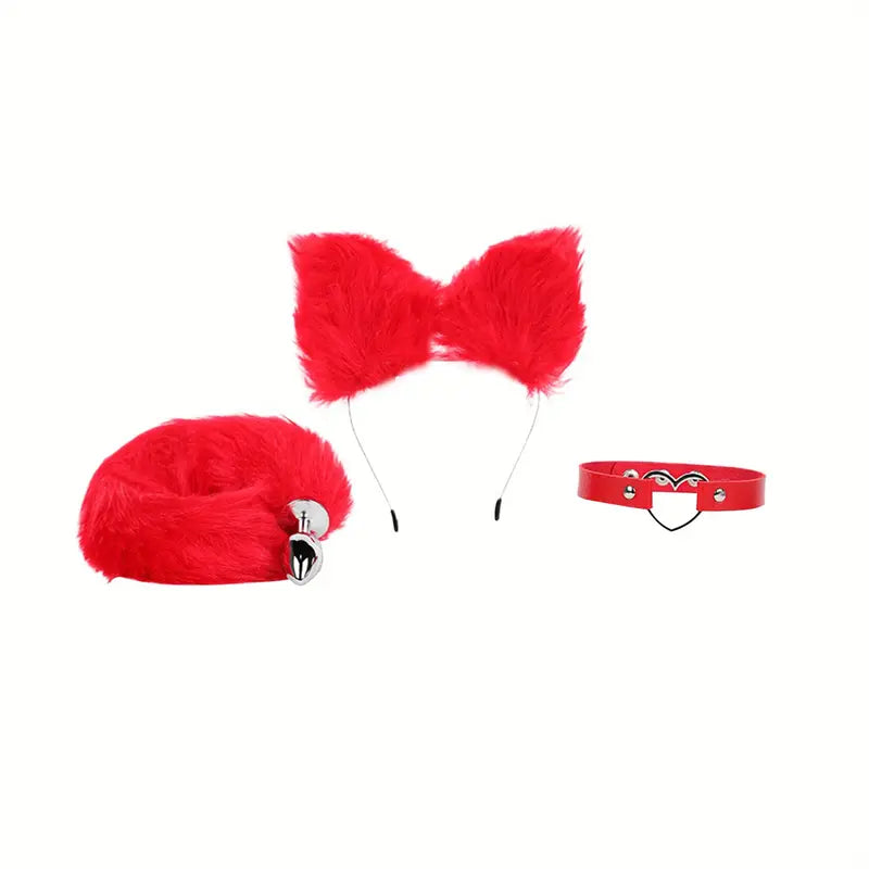 Cute Fox Tail Plug Tail With Small Butt Plug Cat Ears Collar Metal Anal Toy