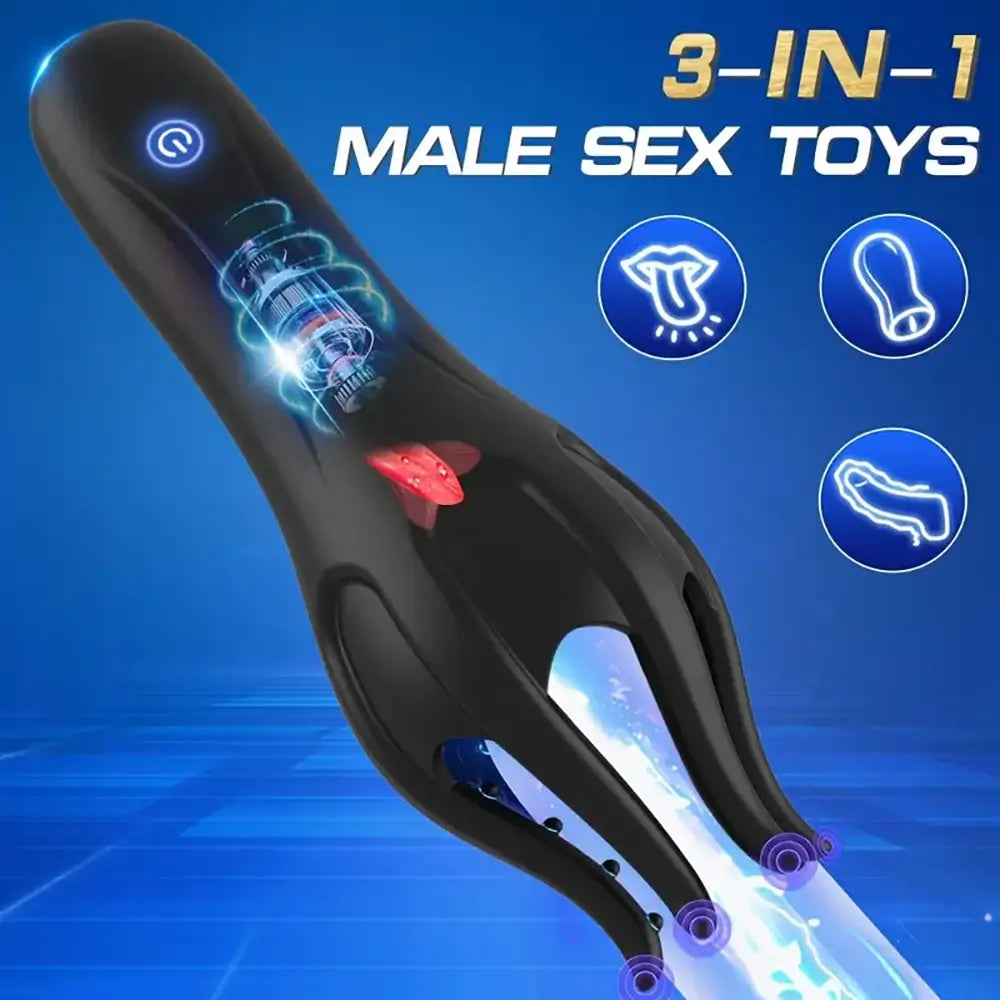 3-in-1 Penis Masturbator with 10 Modes Vibration & 5 Licking Tongue