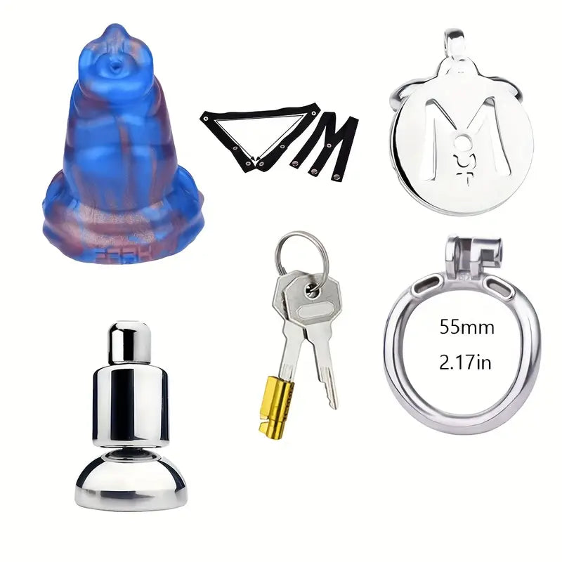 Silicone Mini Wolf Dildo With Metal Flat Chastity Cage Adjustable Strap Cock Ring