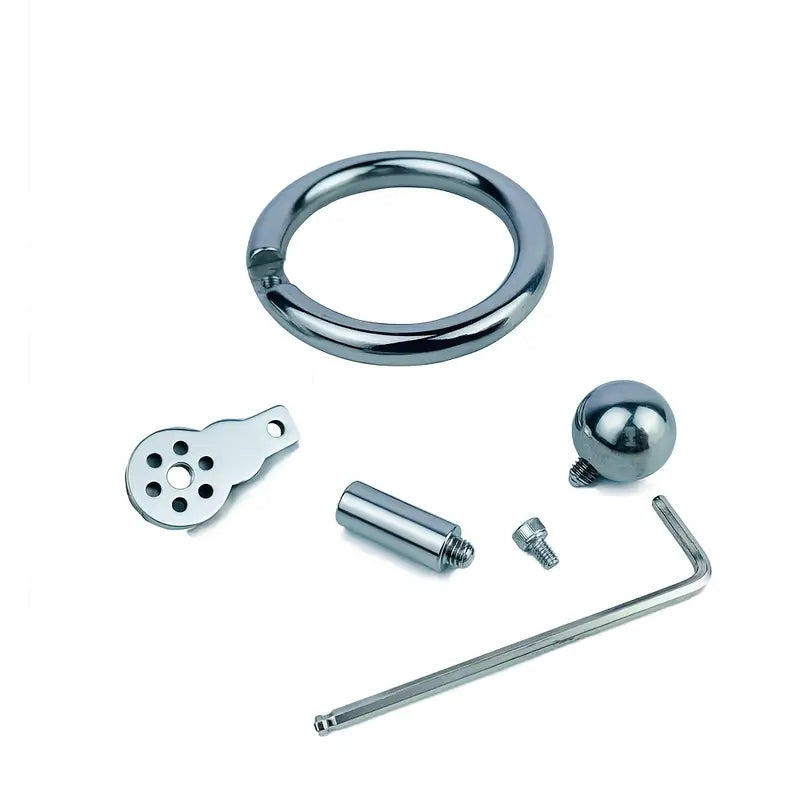 Flat Stainless Steel Chastity Lock Device With Straps Metal Balls With Sticks