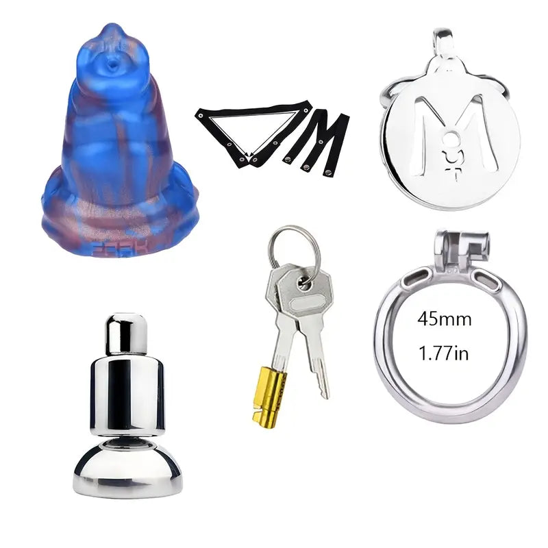 Silicone Mini Wolf Dildo With Metal Flat Chastity Cage Adjustable Strap Cock Ring