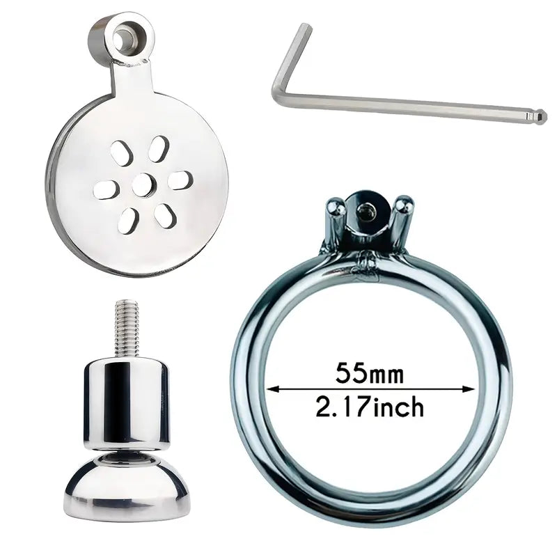 Stainless Steel Flat-Plate Hex Lock Chastity Cage With Removable Metal Urinal