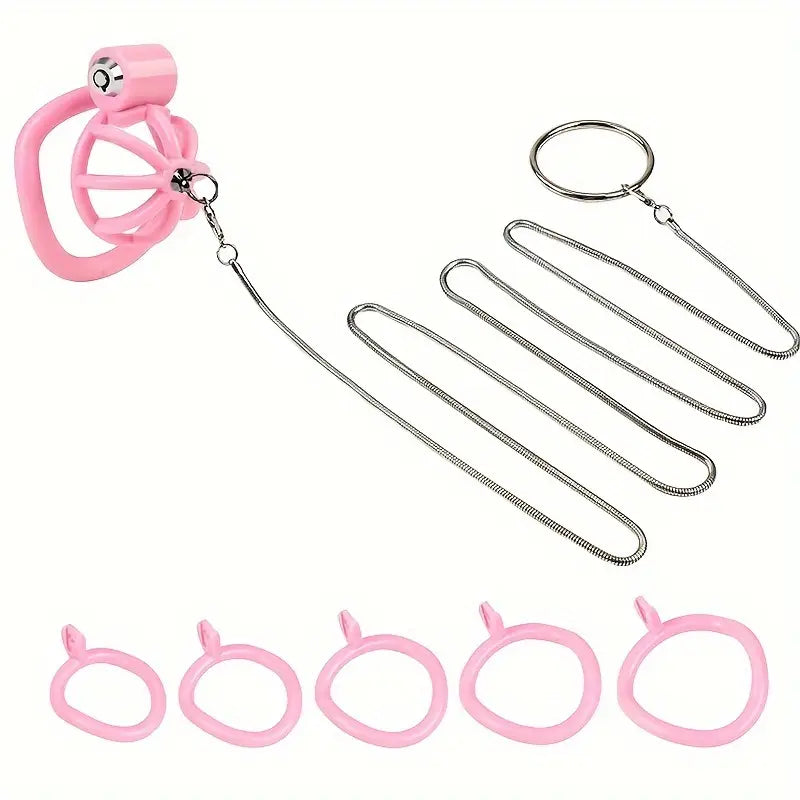 Male Penis Chastity Cage Pink Black Small Chastity Cage With 5 Rooster Rings