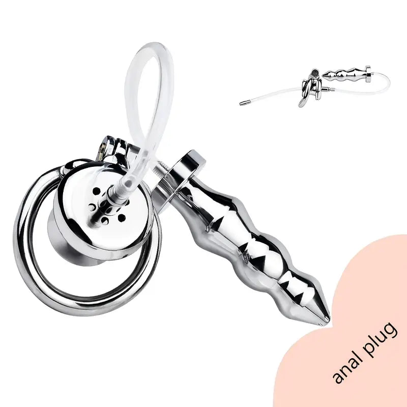 Stainless Steel Inverted Chastity Cage With Silicone Urethral Catheter Butt Plug