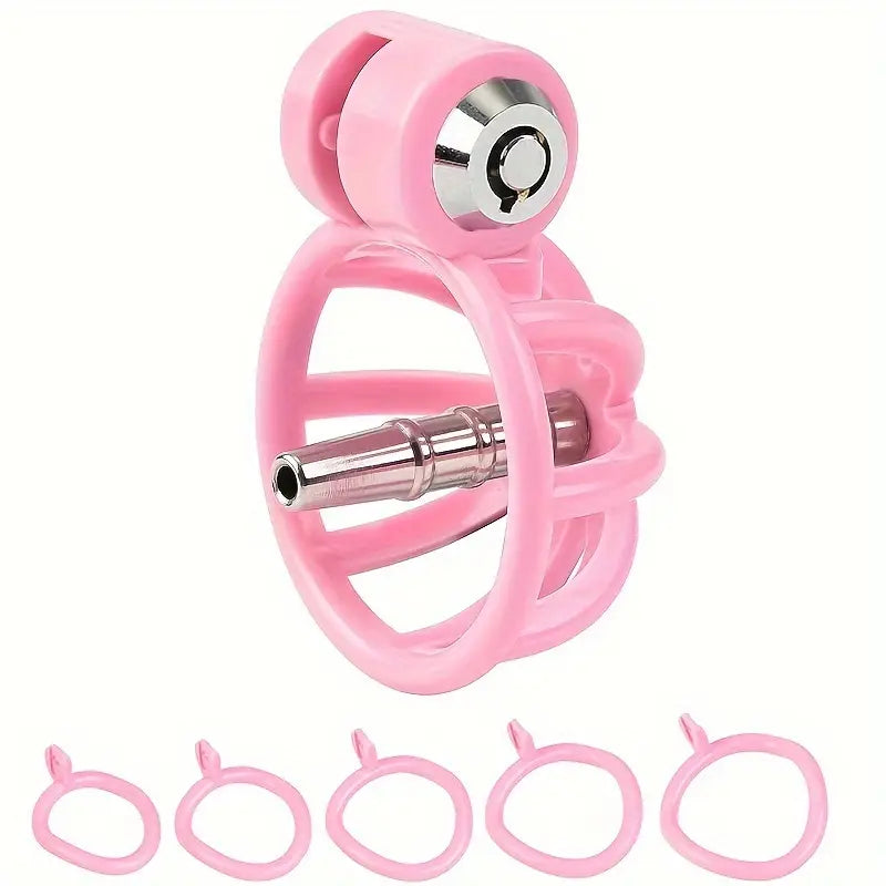 Male Penis Chastity Cage Pink Black Small Chastity Cage With 5 Rooster Rings