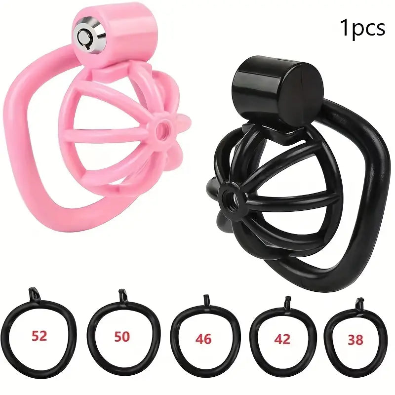 Male Penis Chastity Cage Pink Black Small Chastity Cage With 5 Rooster Rings