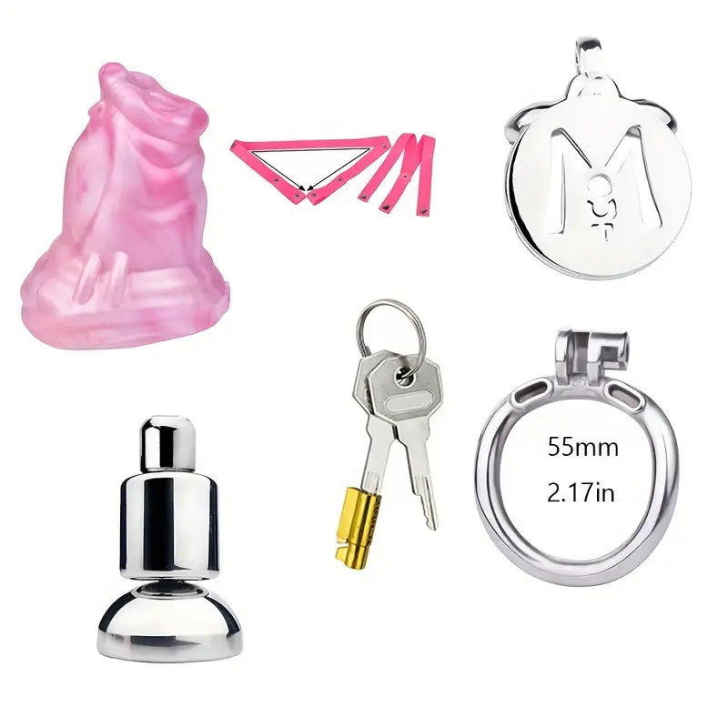 Silicone Mini Wolf Dildo With Metal Flat Chastity Cage Adjustable Strap Cock Ring