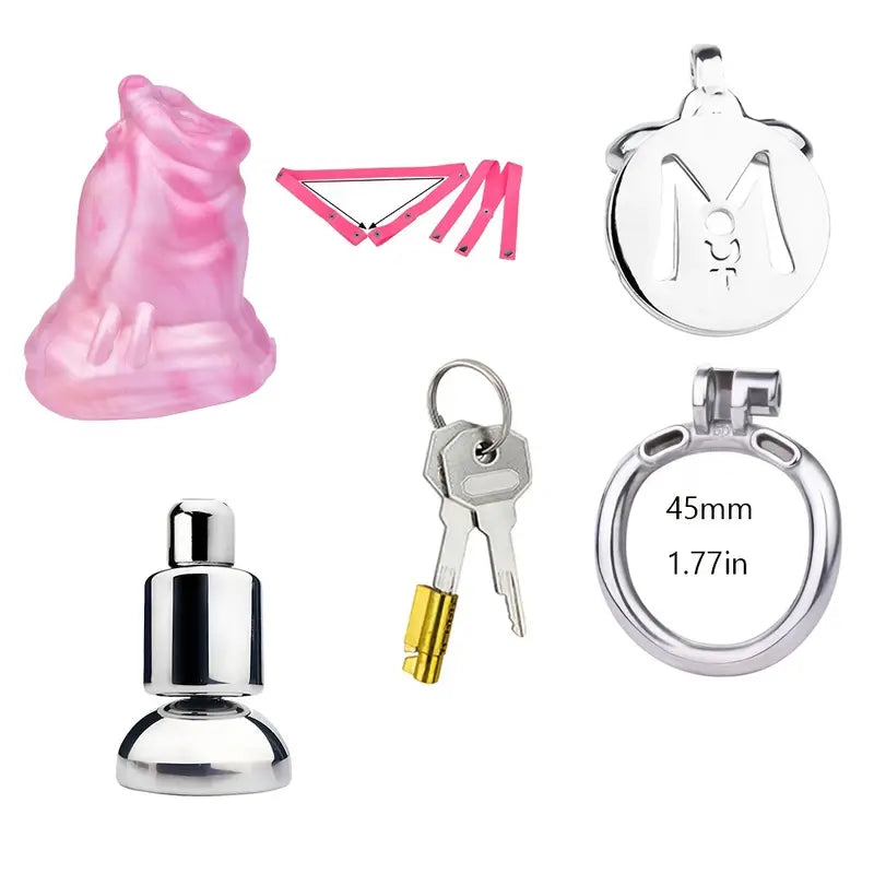 Silicone Mini Wolf Dildo With Metal Flat Chastity Cage Adjustable Strap Cock Ring