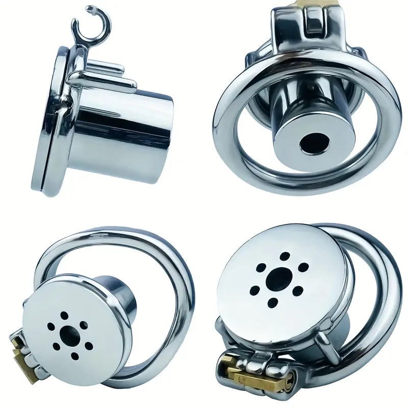 Flat Pancake Design Stainless Steel Male Chastity Cage With Urethral Device