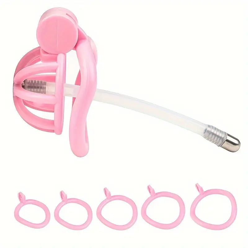 Male Penis Chastity Cage Pink Black Small Chastity Cage With 5 Rooster Rings