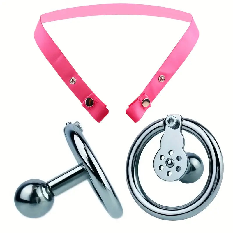 Flat Stainless Steel Chastity Lock Device With Straps Metal Balls With Sticks