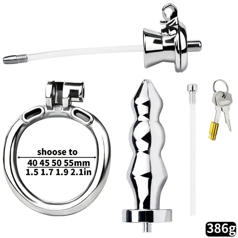 Stainless Steel Inverted Chastity Cage With Silicone Urethral Catheter Butt Plug