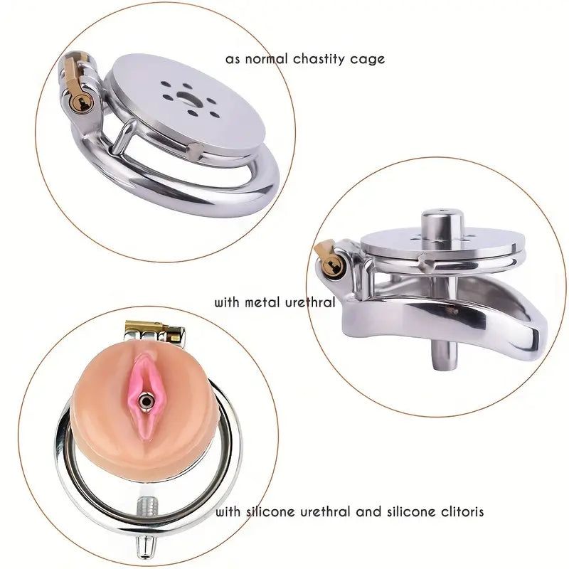 Stainless Steel Chastity Cage With Detachable Silicone Urethral Plug Penis Lock