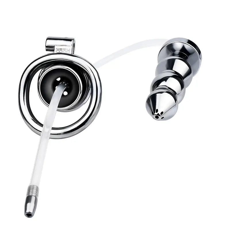 Stainless Steel Inverted Chastity Cage With Silicone Urethral Catheter Butt Plug