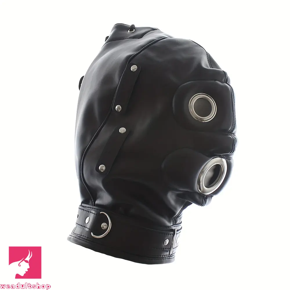 1.96in Black Leather BDSM Hood Removable Blindfold Mouth Gag Dildo
