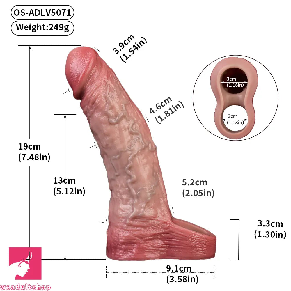 7.48in Vibrating Real Remote Silicone Hollow Dildo Sleeve Penis Extender
