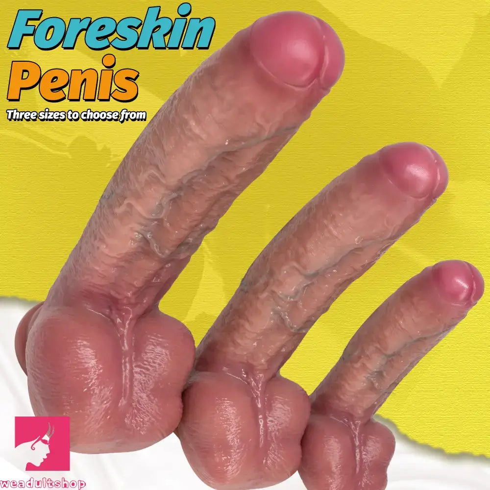 8.07in 9.84in 12in Dual Density Silicone Foreskin Uncut Strap on Real Dildo