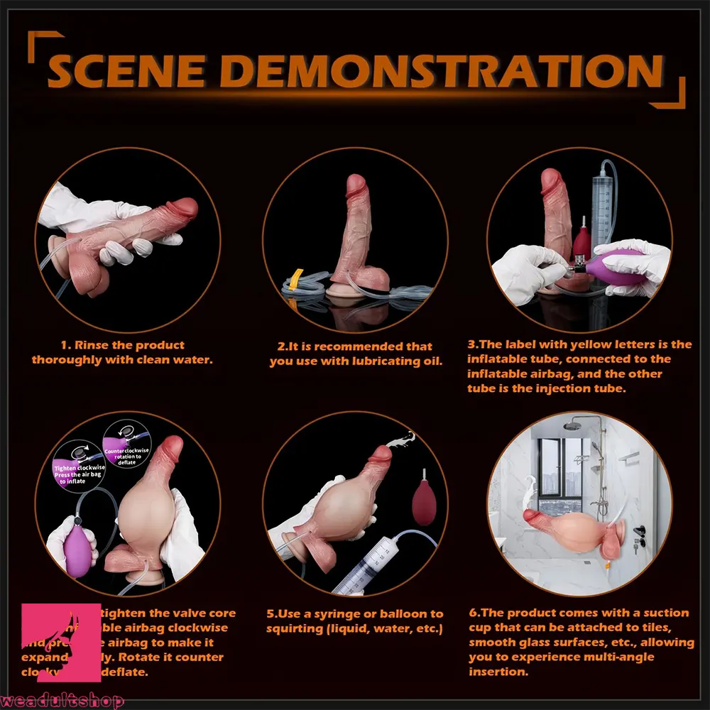 6.85in Liquid Silicone Inflatable Water Spray Orgasm Dildo Anal Clit Cleaning