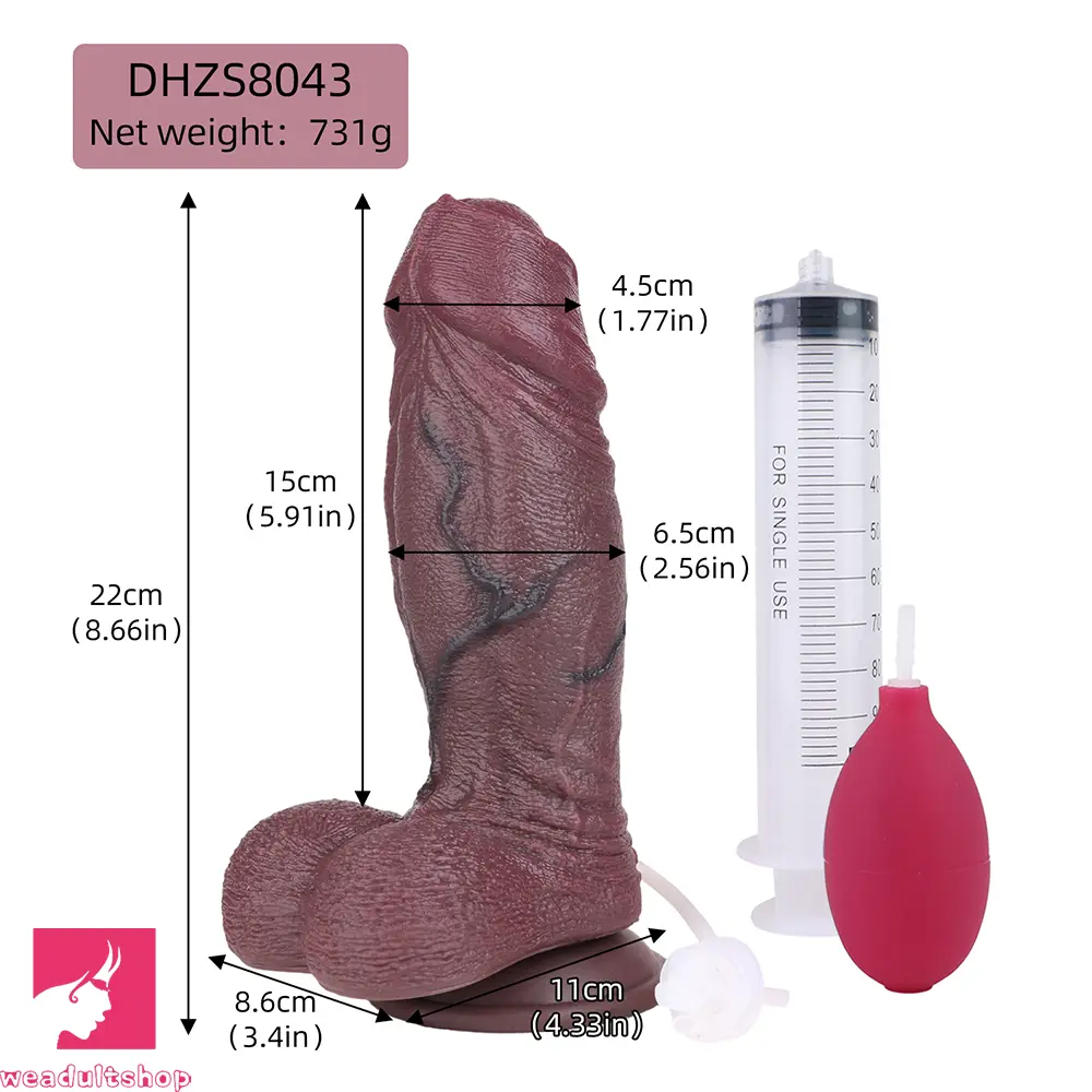 8.66in Real Veins Uncut Big Soft Dual Density Silicone Ejaculating Dildo