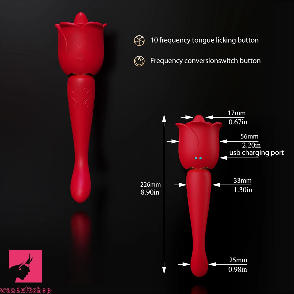 8.9in Licking Vibrating 2in1 Tongue Vibrating Dildo Rose Adult Toy