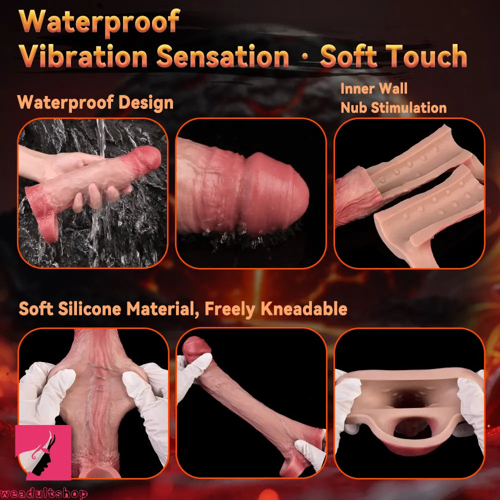 8.46in Vibrating Cock Remote Silicone Hollow Dildo Sleeve Uncut Extender
