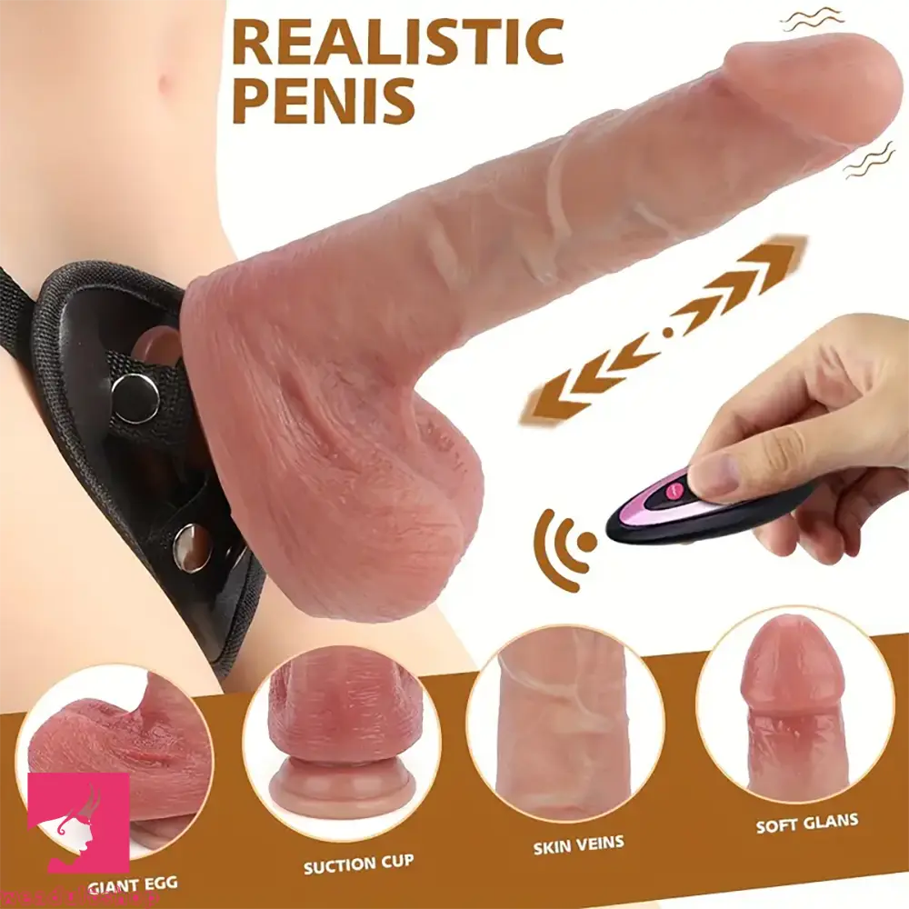 8.26in Wireless Vibrating Thrusting Heating Silicone Strap on Dildo