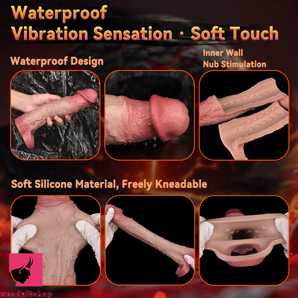 9.09in Vibrating Real Remote Silicone Hollow Dildo Sleeve Penis Extender