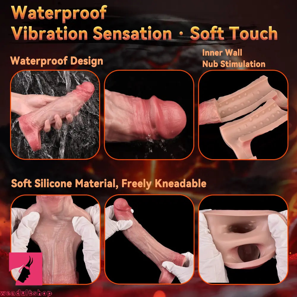 7.68in Vibrating Real Automatic Silicone Hollow Dildo Sleeve Penis Extender