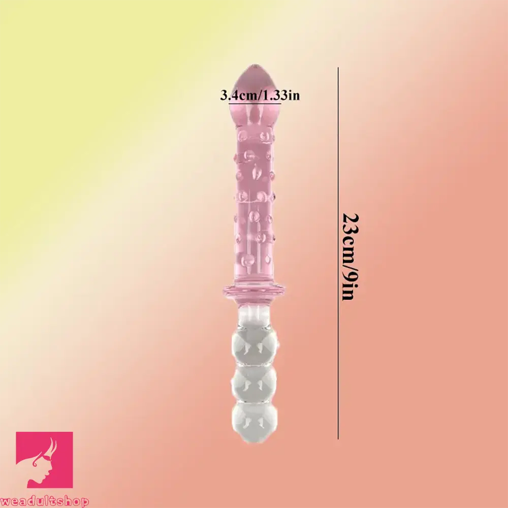 9in Female Pull Beads Anal Clit Threaded Double-head Glass Handle Dildo