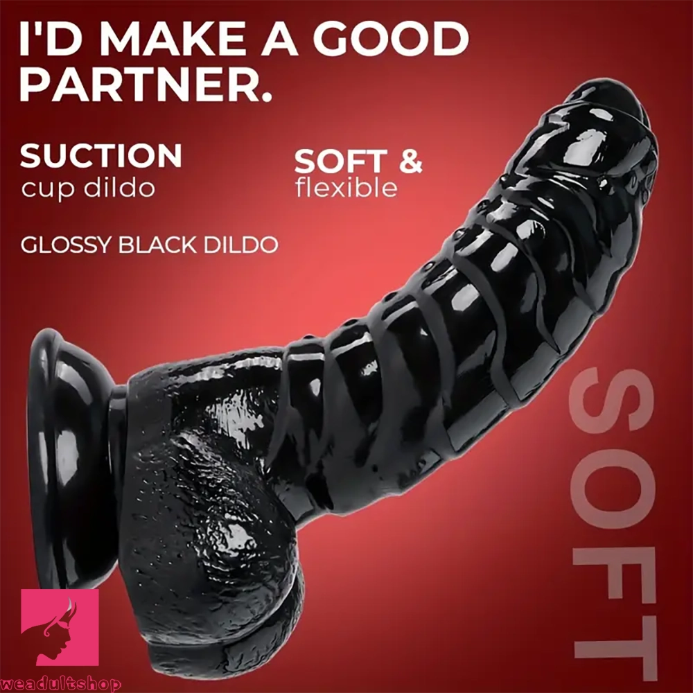 6.88in Glossy Black Monster Penis PVC Uncut Prostate Toy Wave Texture