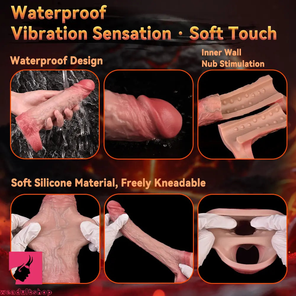 7.48in Vibrating Real Remote Silicone Hollow Dildo Sleeve Penis Extender