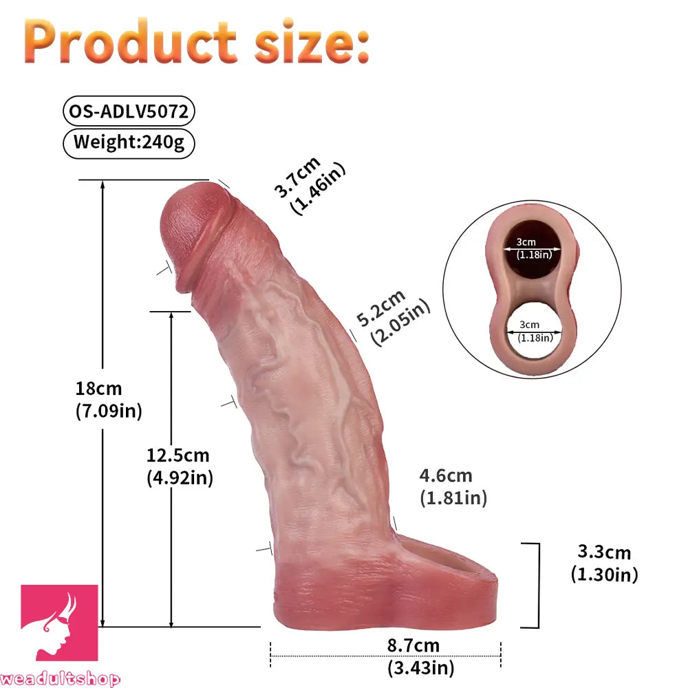 7.09in Vibrating Real Remote Silicone Hollow Dildo Cock Sleeve Extender