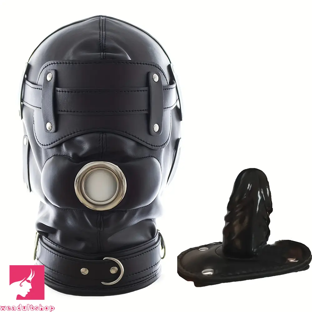 1.96in Black Leather BDSM Hood Removable Blindfold Mouth Gag Dildo
