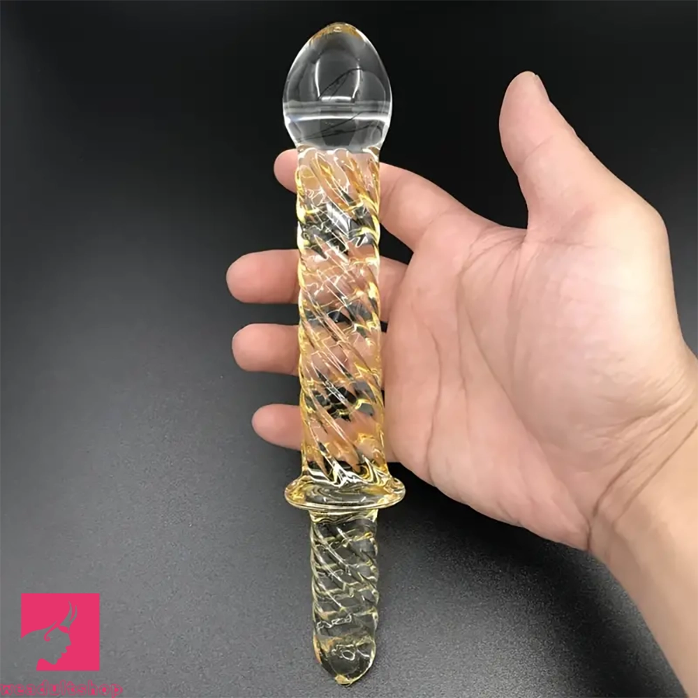 8.7in Golden Pattern Glass Dildo With Handle Sex Toy For Adults