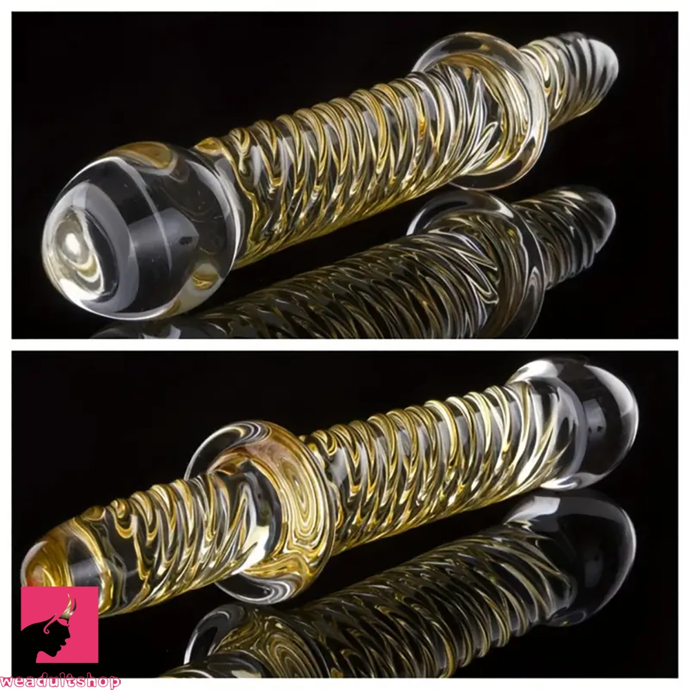 8.7in Golden Pattern Glass Dildo With Handle Sex Toy For Adults