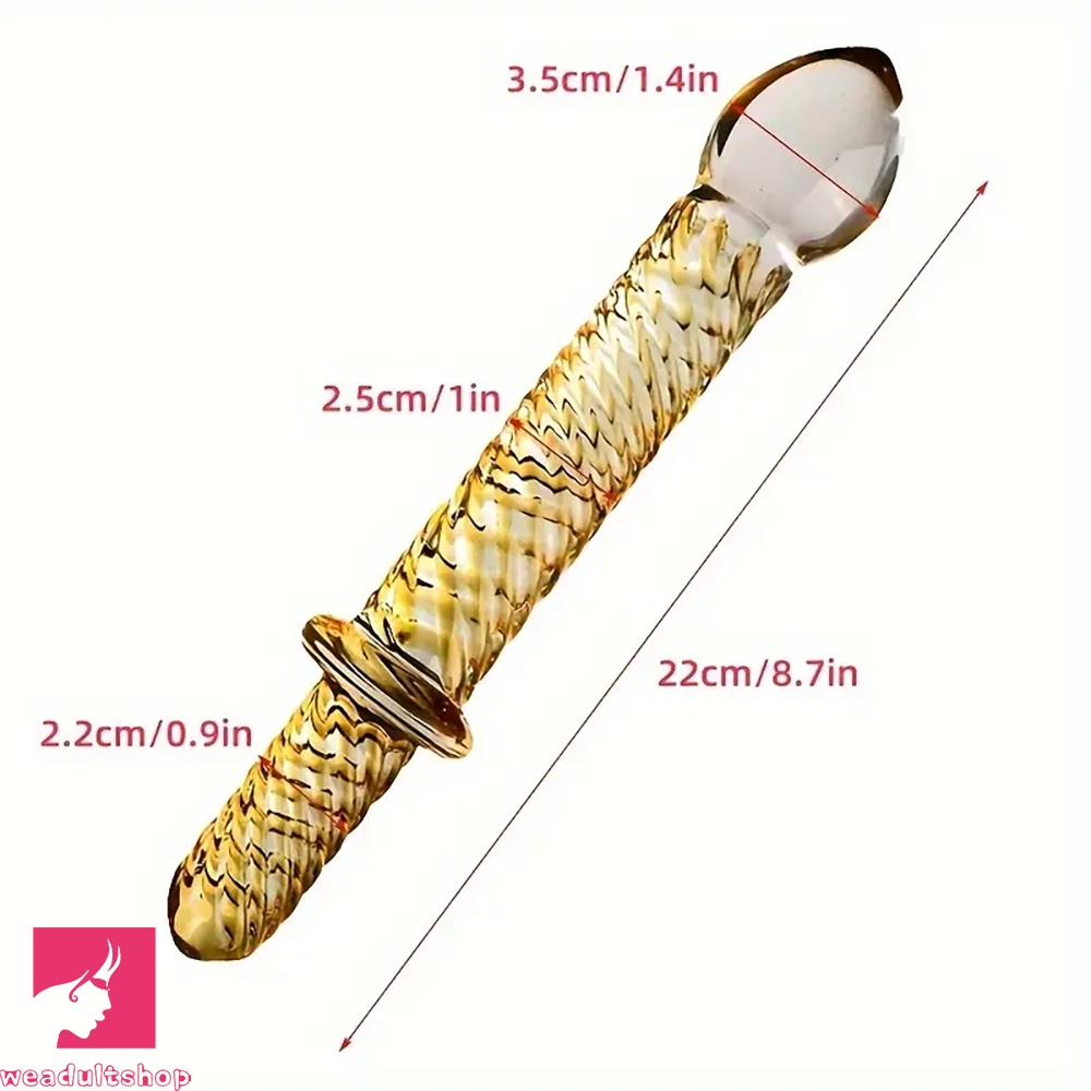 8.7in Golden Pattern Glass Dildo With Handle Sex Toy For Adults